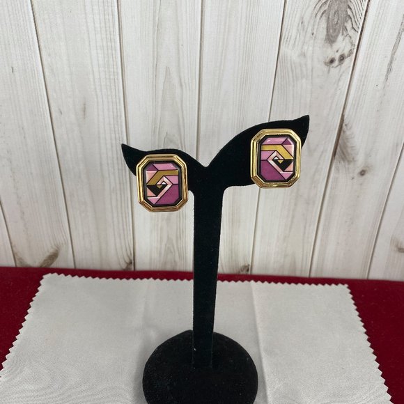 Vintage Michaela Frey Willie Earrings Octagon Shape Enameled Geometric Design - Picture 2 of 4